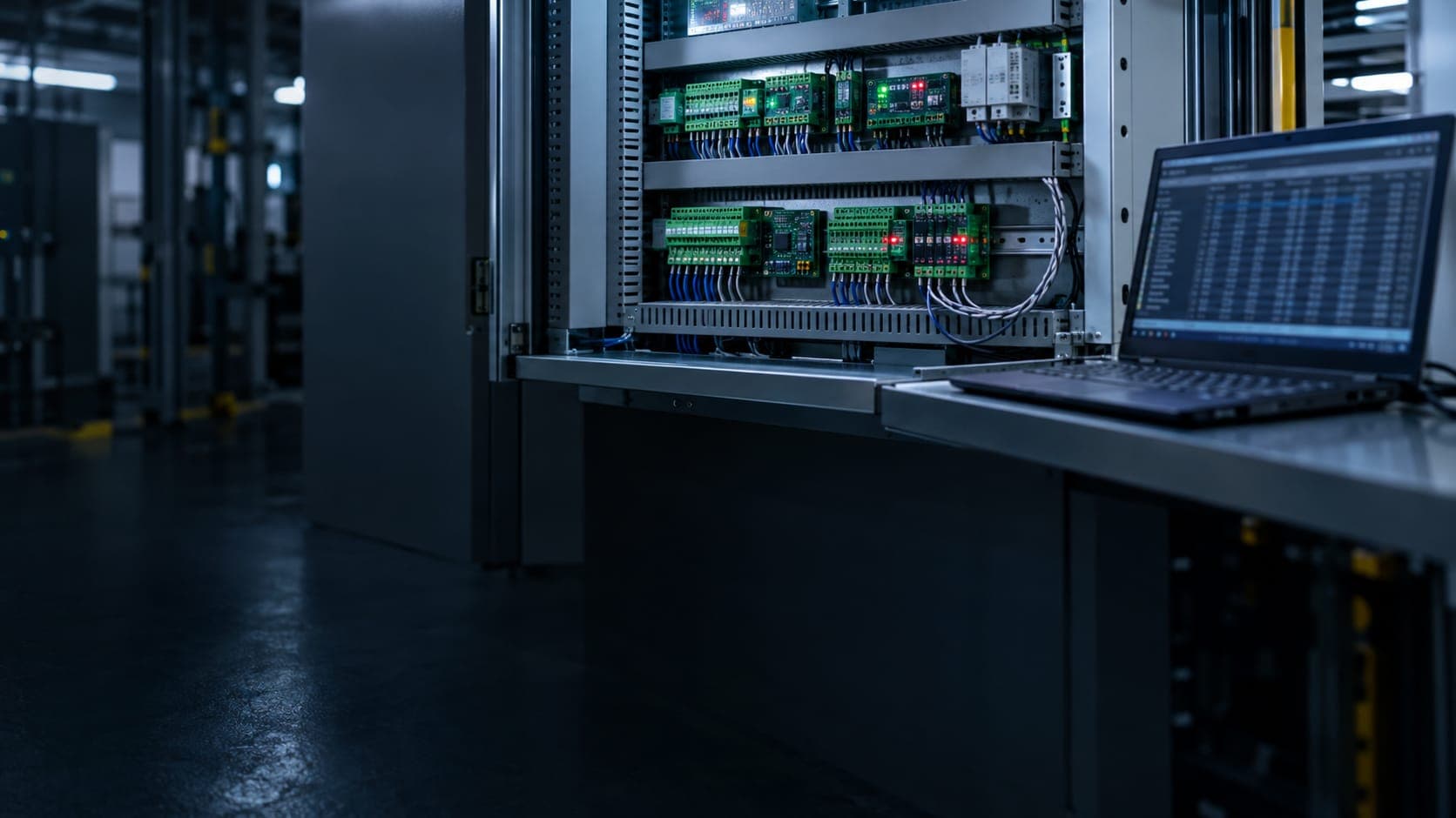 Open control cabinet in a plant room with terminal blocks and I/O modules, laptop showing register data