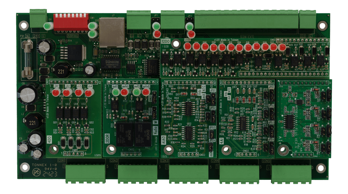 LLD-Modbus32E-01 插滿 ModIO 模組底板俯視 Modbus Remote I/O
