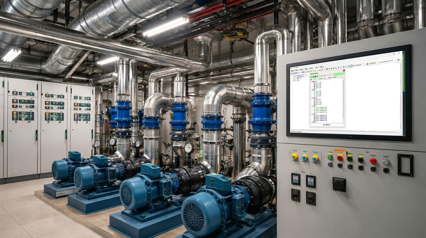 冰水主機房的泵浦與管路，右側控制盤螢幕顯示 LLD-DDC 控制器參數視窗