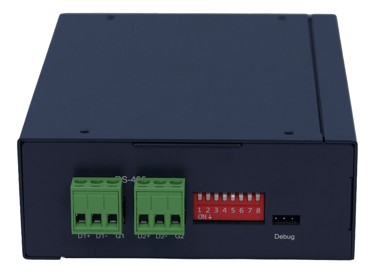 CGate-06 RS-485 端面 I/O 標註(RS-485×2/DIP/Debug)Modbus 網關